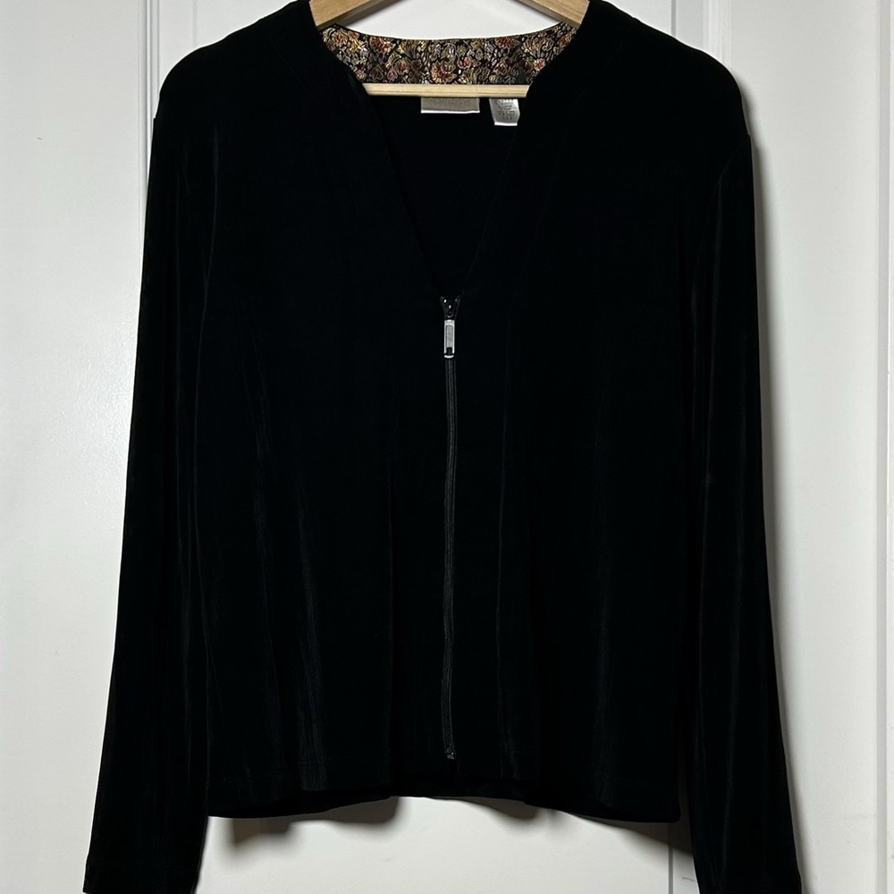 Chico's Travelers Vintage Y2Kā Made in USA Black Floral Tapestry Trim Zip Jacket